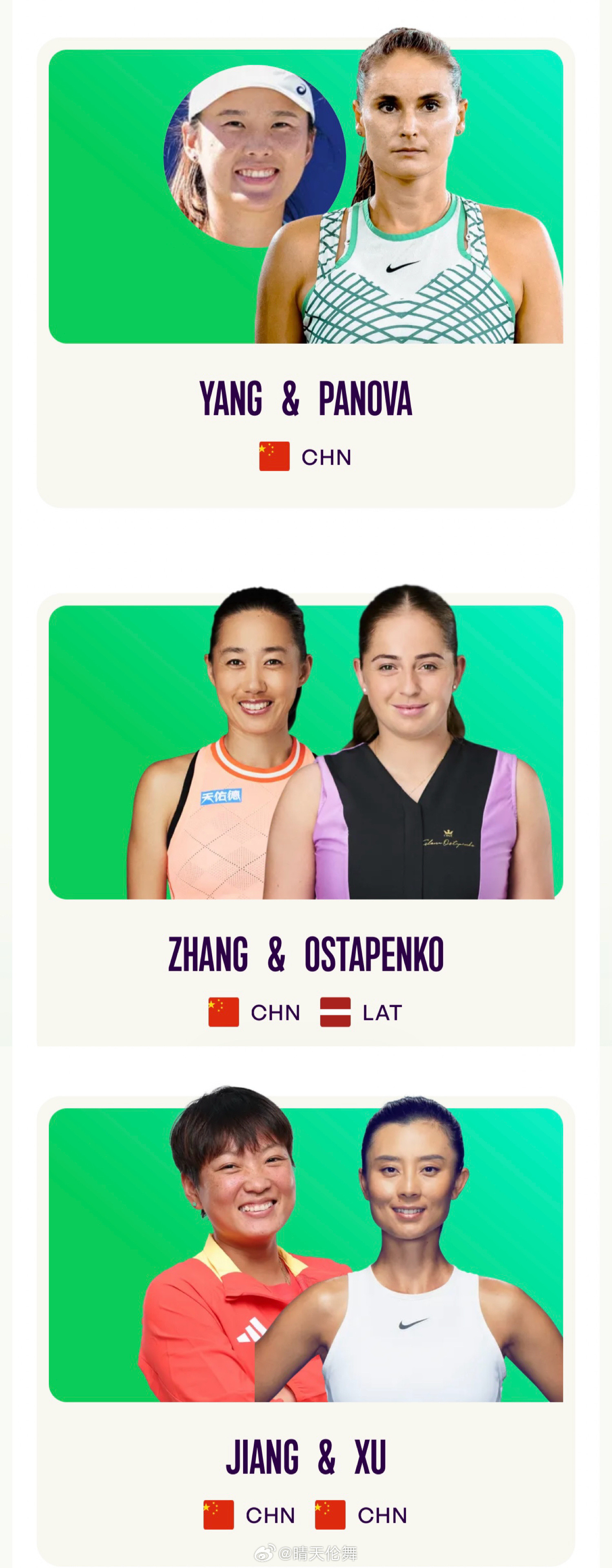 斯图加特WTA500双打名单：张帅🇨🇳/奥斯塔彭科🇱🇻蒋欣玗🇨🇳/徐