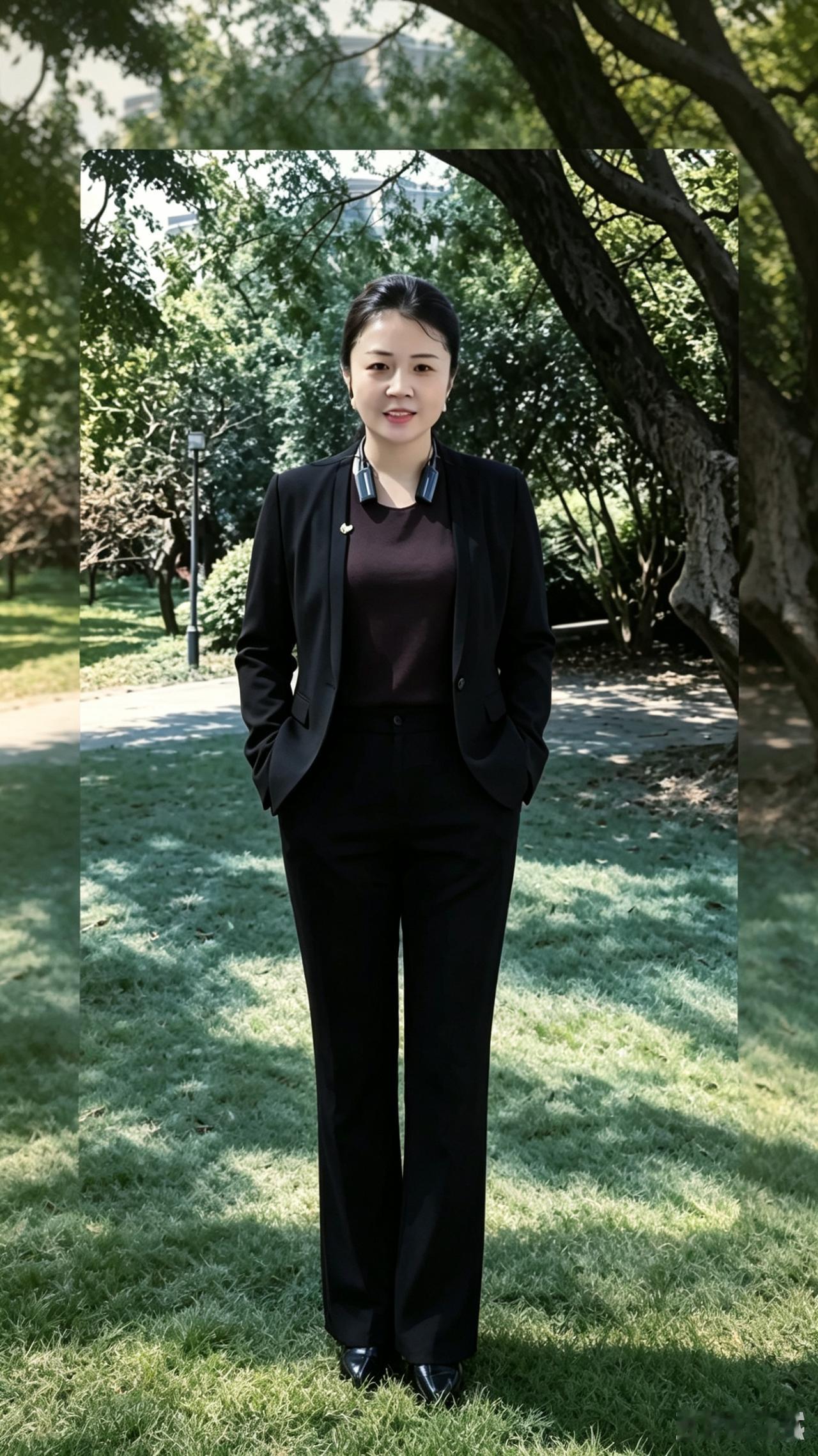 林间静立着清颜，一身西装气度娴。心怀歌韵寻风雅，自在从容度流年。