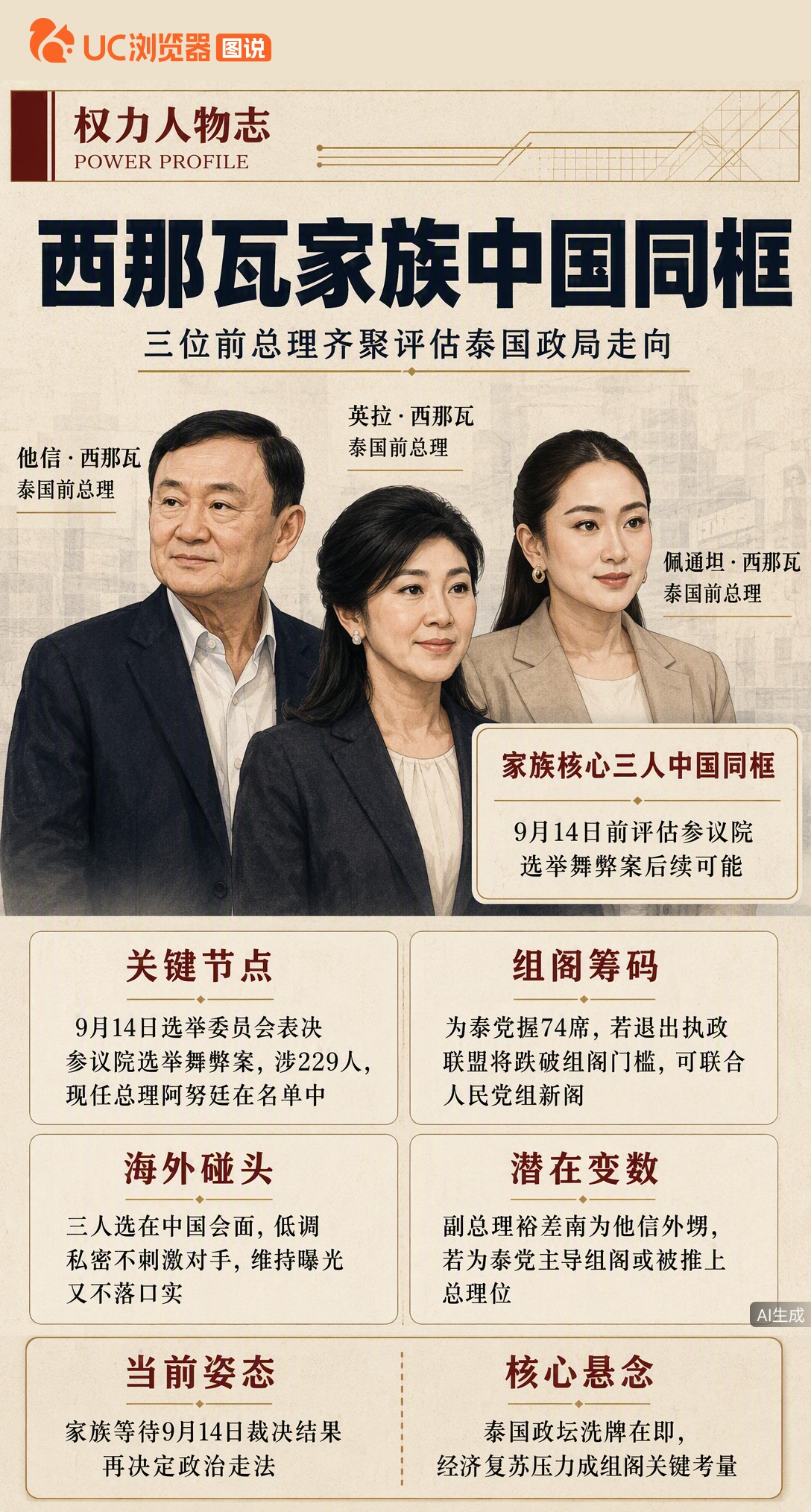 他信英拉佩通坦齐聚中国，表面晒旅游照，实则紧盯9月14日参议院舞弊案表决。为泰党是留是走、执政联盟会