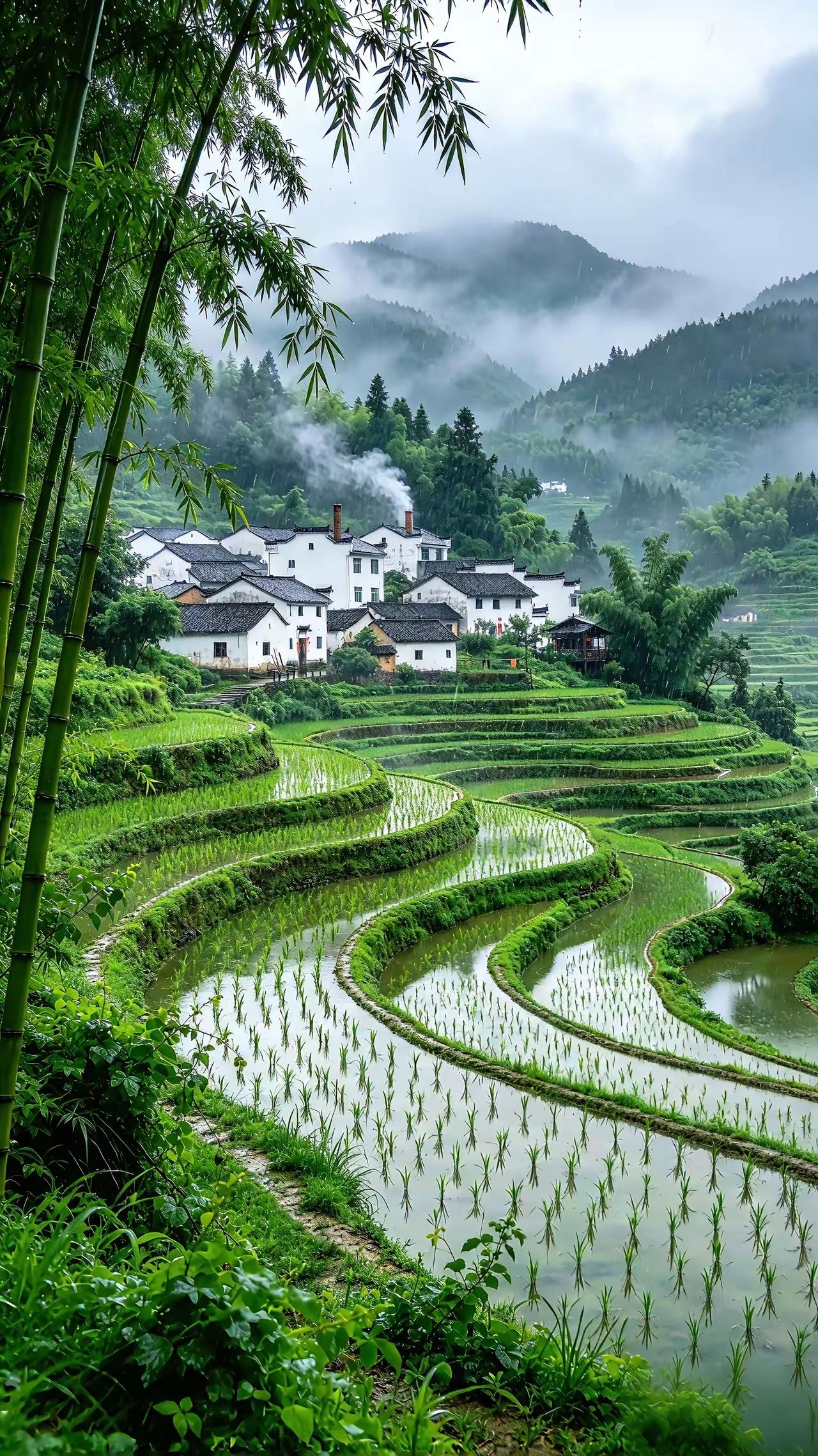 田园风光无限好，层层梯田绿油油。诗情画意跃然纸上，风景怡人美如仙境。