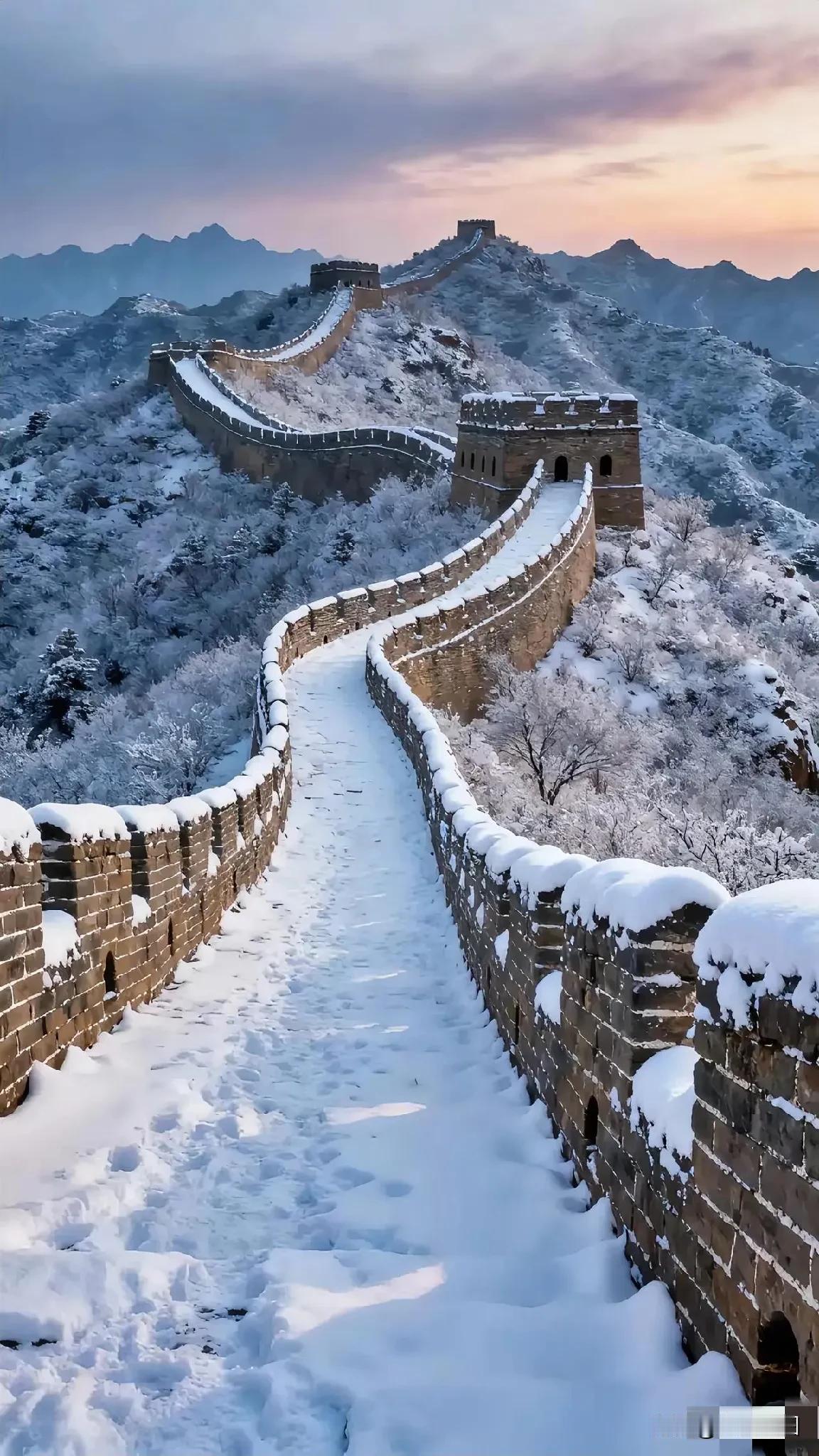 冬日长城，雪景如画，静谧而壮丽。