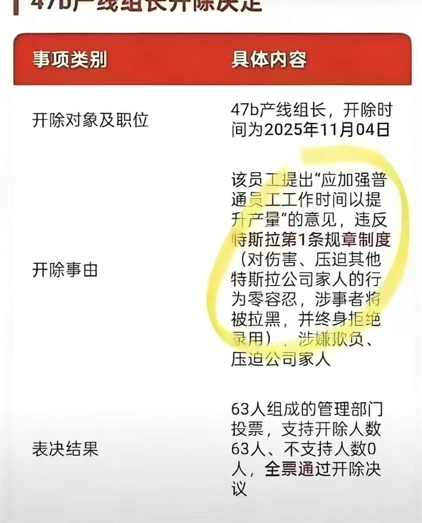 2025年11月，上海特斯拉工厂47b产线组长被开除这事，挺让人意外又解气。这组