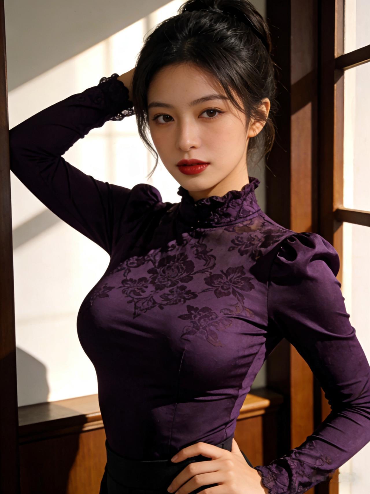 紫衣美人倚窗立，红唇轻启似有言。