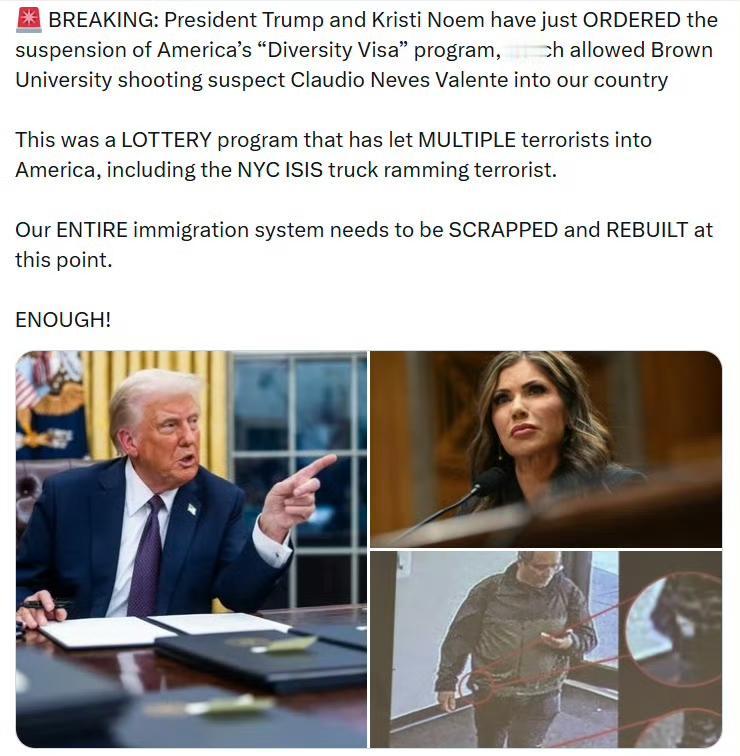 美国土安全部部长克里斯蒂·诺姆刚刚下令暂停美国的“多元化签证”项目——正是这个项