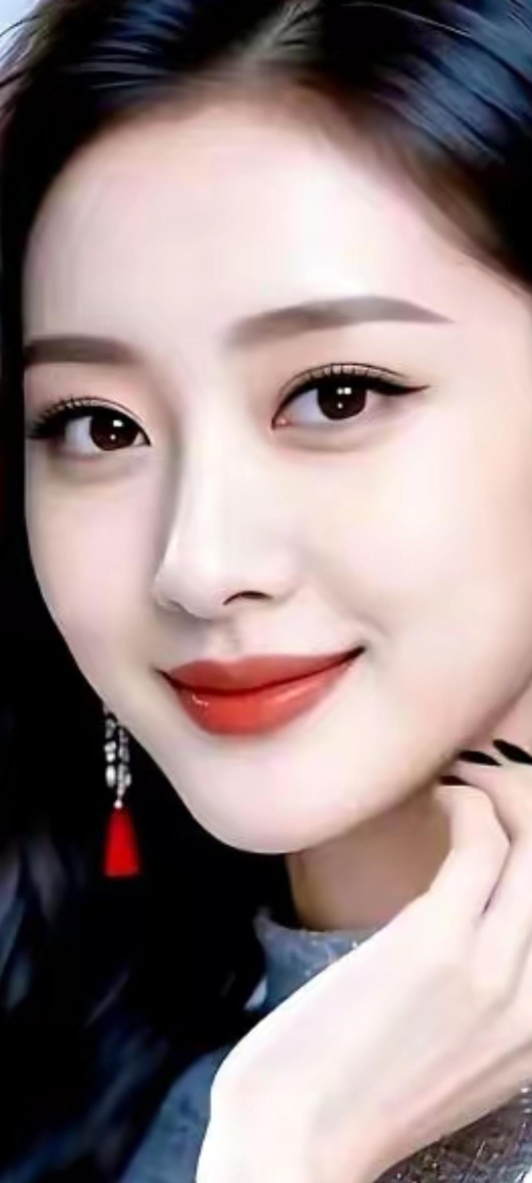 甜美笑容，温柔眼眸，红唇轻启，优雅动人。