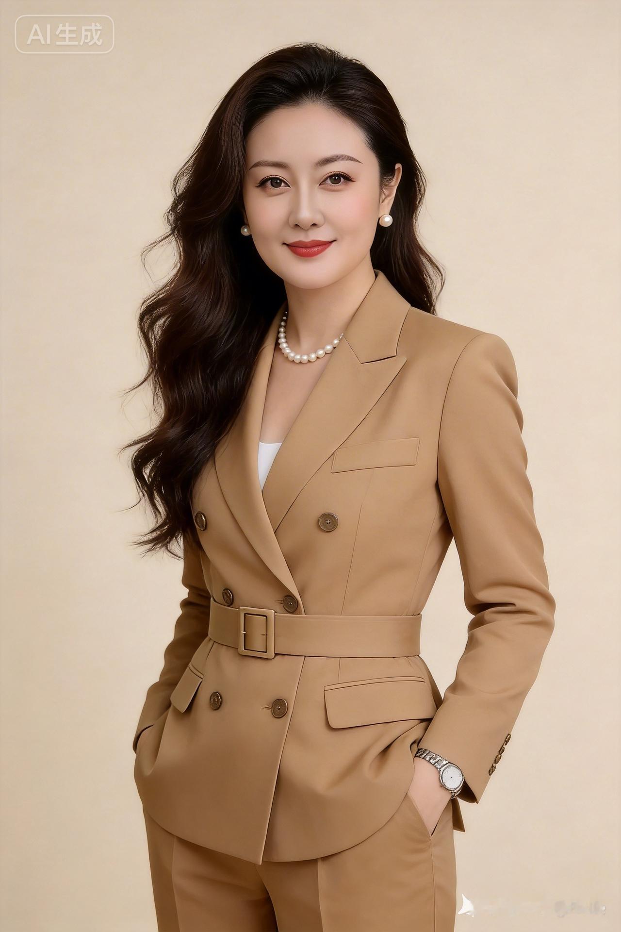 职场优雅风，米色西装套装搭配珍珠项链，尽显女性魅力！