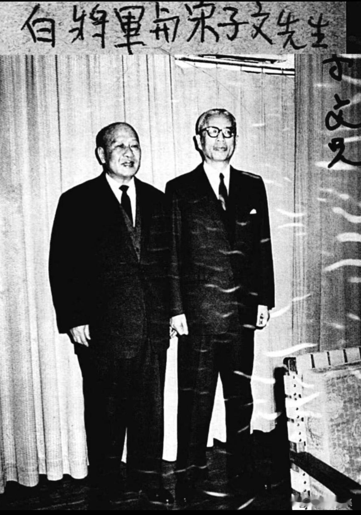 1963年4月，定居美国的宋子文(右）暂到台湾，期间和白崇禧(左）晤面、留影。宋