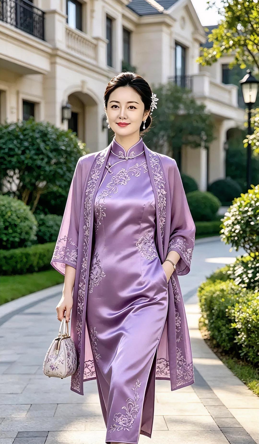 阳光一筛，优雅便走了过来。紫缎流光，绣纹轻摆。外披柔风，手提清欢。步
