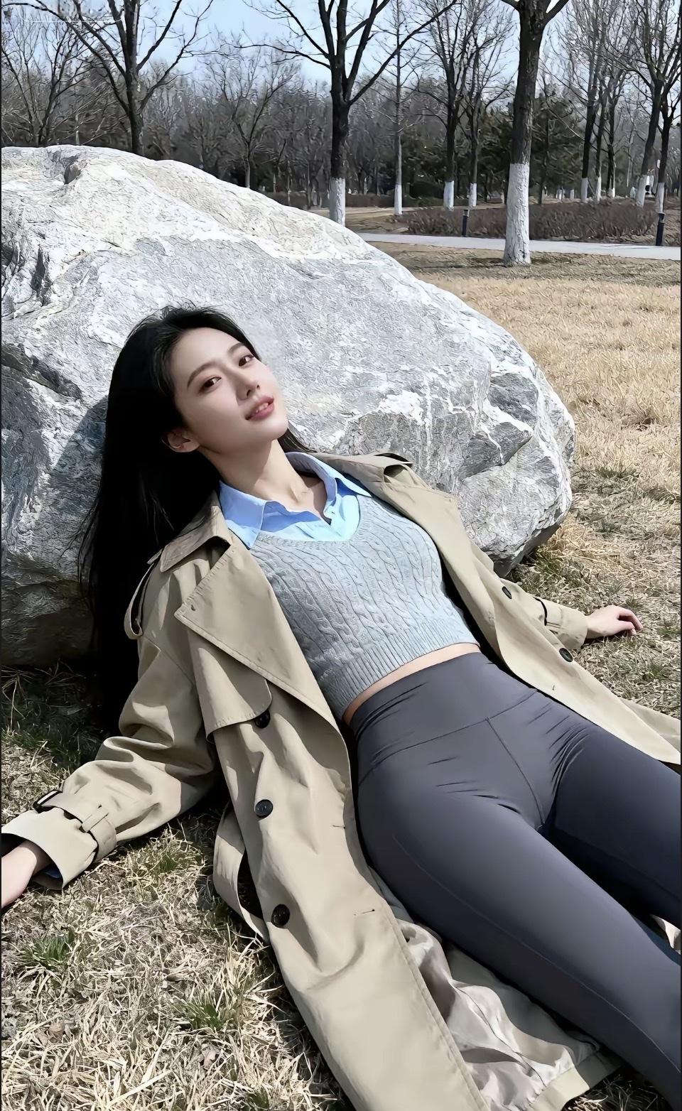 春阳初盛，林野尚带着冬的余韵。她以巨石为枕，卧于郊野的草木间，将自己妥帖交付给