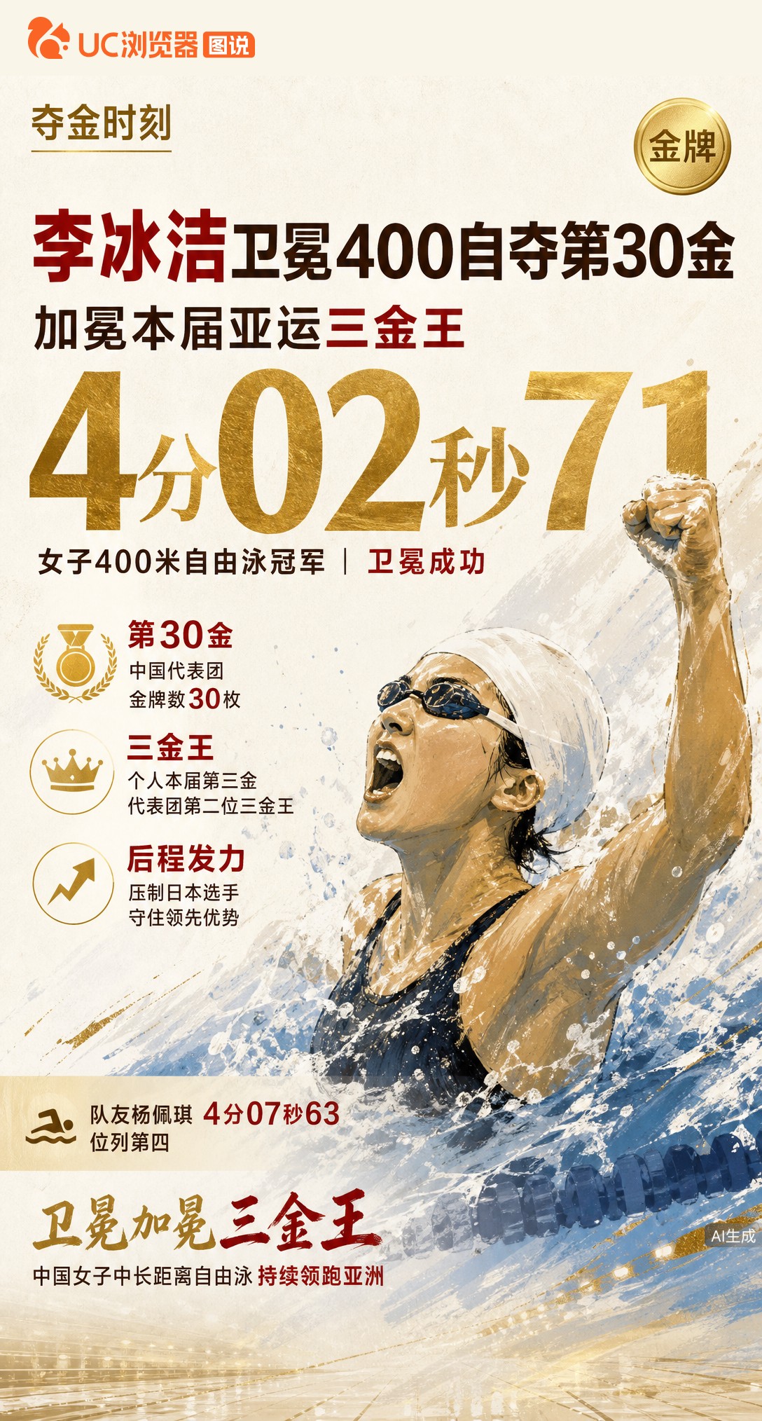 中国代表团第30金！李冰洁4分02秒71卫冕女子400自，后程发力压制日本选手，收获个人本届第三金，