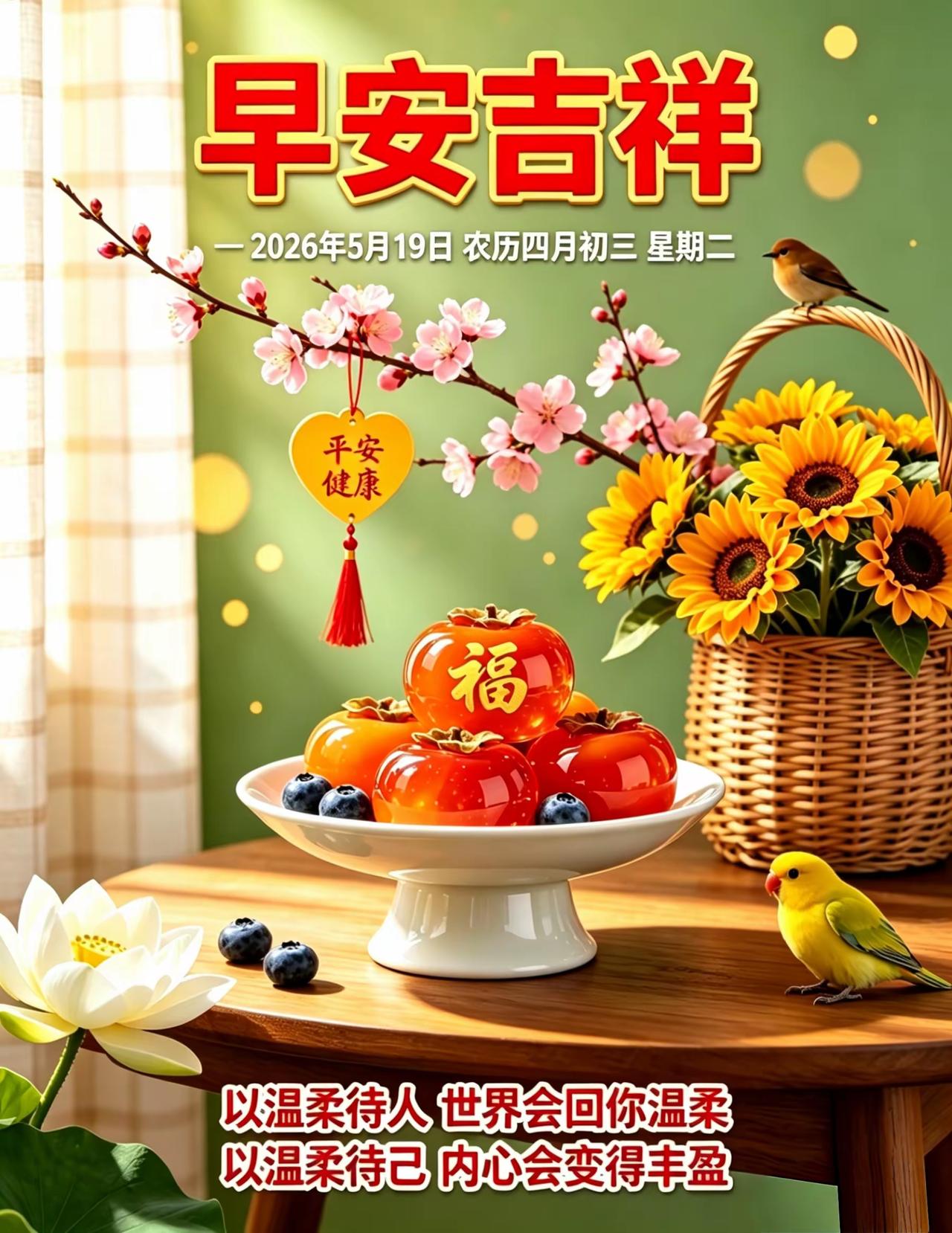 迎着清晨微风，拥抱温柔晨光，放下过往心绪，迎接全新美好。愿三餐烟火暖，四季皆安然