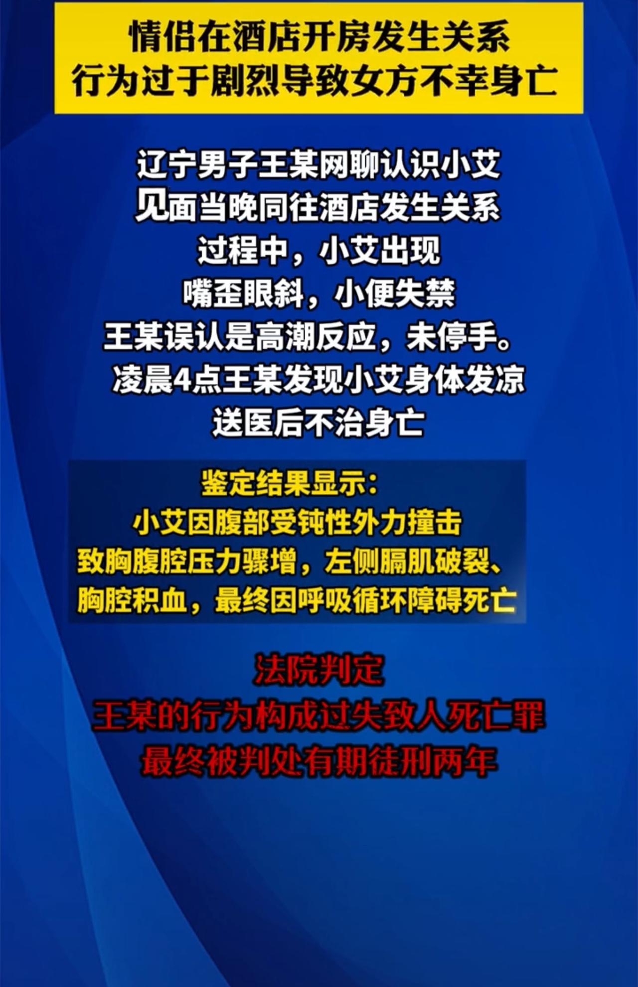 一情侣在酒店的悲剧事件，男王某和女艾某网上相识确定关系后线下见面，晚上去宾馆开房