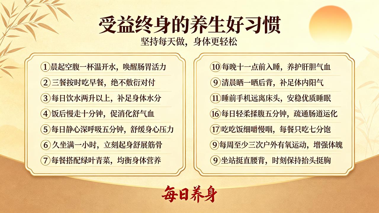 受益终身的养生好习惯①晨起空腹一杯温开水，唤醒肠胃活力！②三餐按时吃早餐