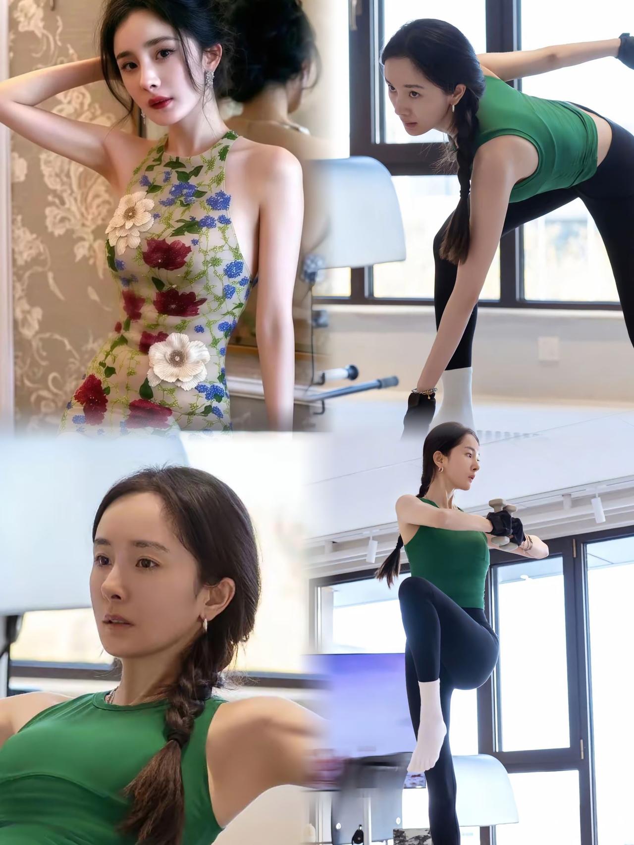 杨幂健身照终于来了这是真健身，不是摆拍因为她没化妆，粉底液被汗浸透，眼线都“