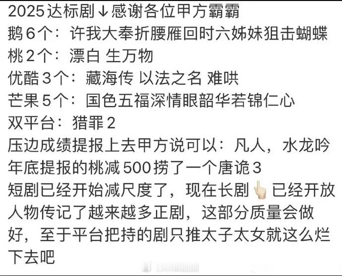 2025年各平台达标剧🥝四部破万剧只有两部达标🐧三部破三万剧6部达标👖七部