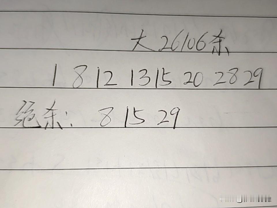 大乐透26106期排码01、08、12、13、15、20、28、29绝：08