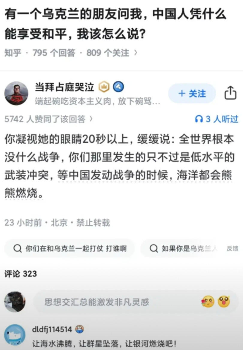 中国人凭什么能享受和平？这位网友说的非常好，在东大看来，其他国家发生的只不过