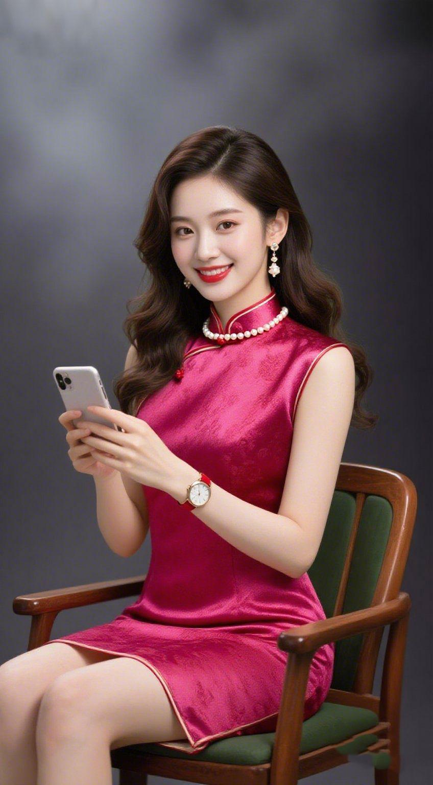 《绯裙雅韵伴轻闲》灰调背景里，那身绯色旗袍如春日云霞落于缎面。无袖裁边裹着