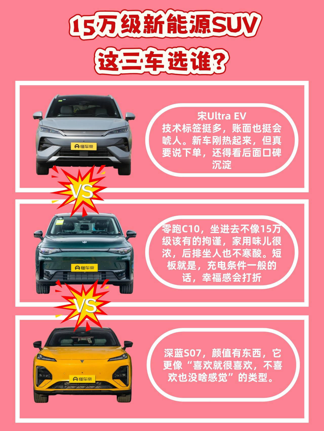 15万级新能源SUV，宋UltraEV、零跑C10、深蓝S07选谁？想买15