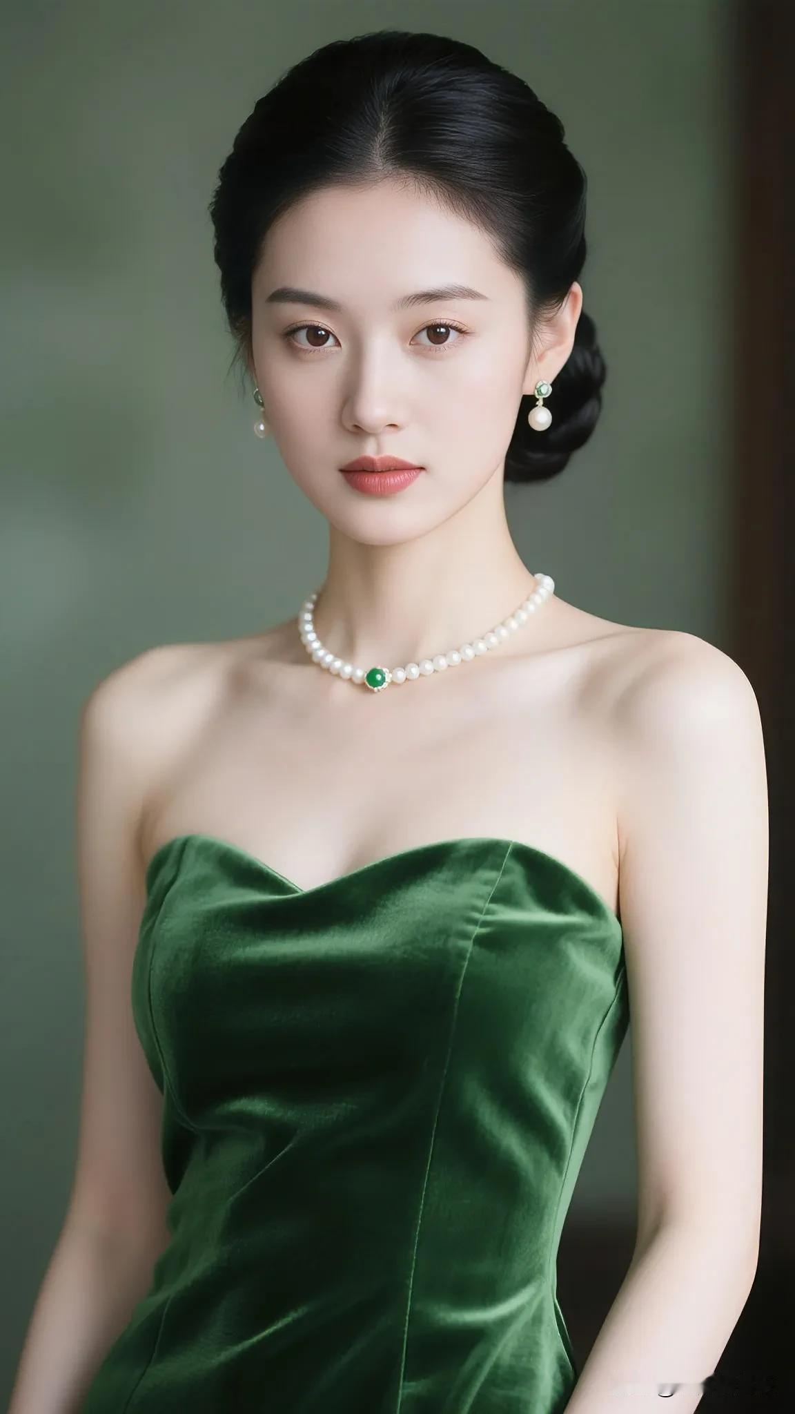 绿衣美人绿裙闪闪真漂亮，无肩设计很时尚。头发高高盘头上，珍珠翡翠放光