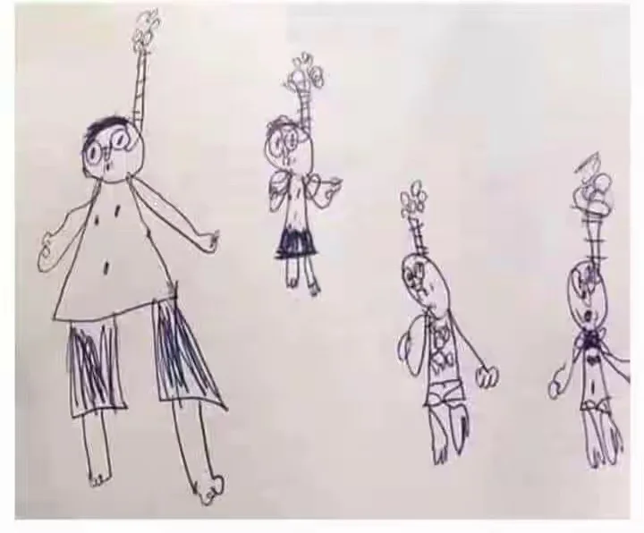 一名6岁的小男孩按照老师的要求，画了一张“我的家人”主题的全家福。结果...