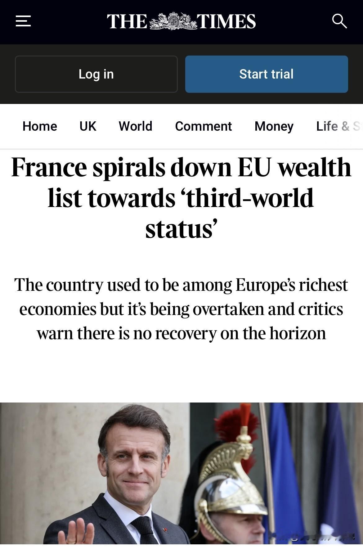 《泰晤士报》前几天有一个引起轰动的报道，标题是：“法国人越来越穷，快变成第三世界