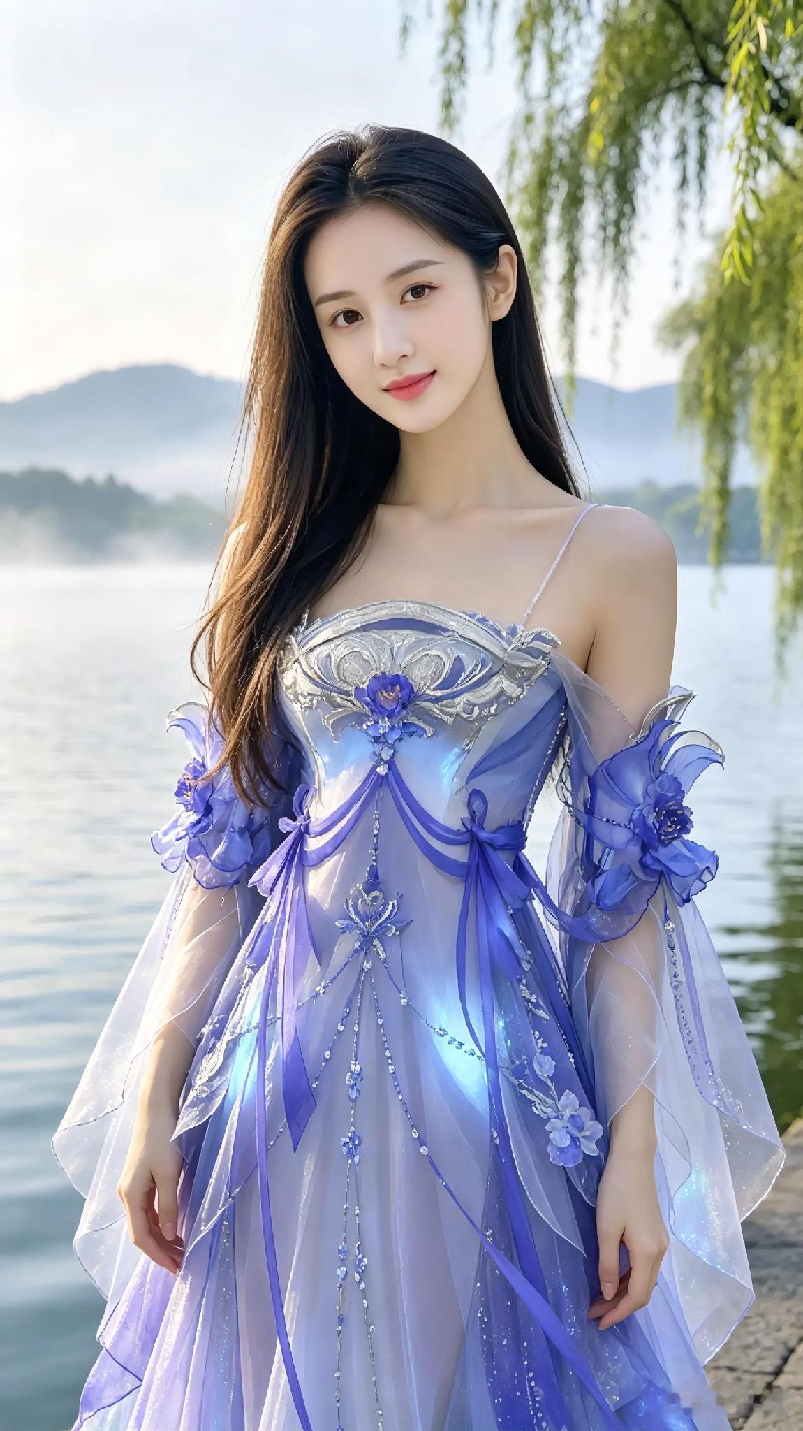 梦幻湖畔仙女裙，蓝紫色调梦幻唯美AI绘画能有多惊艳？古风ai画ai水墨