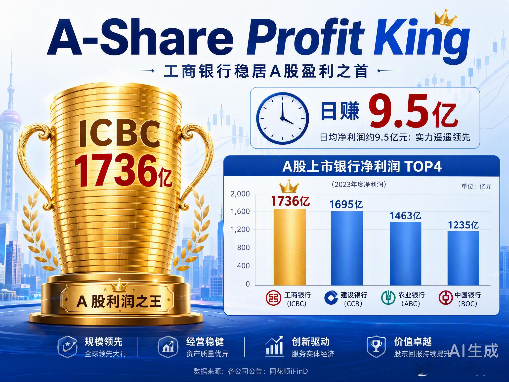 工商银行上半年又拿了A股净利润第一，1736亿的真金白银，平均每天进账9.5亿。