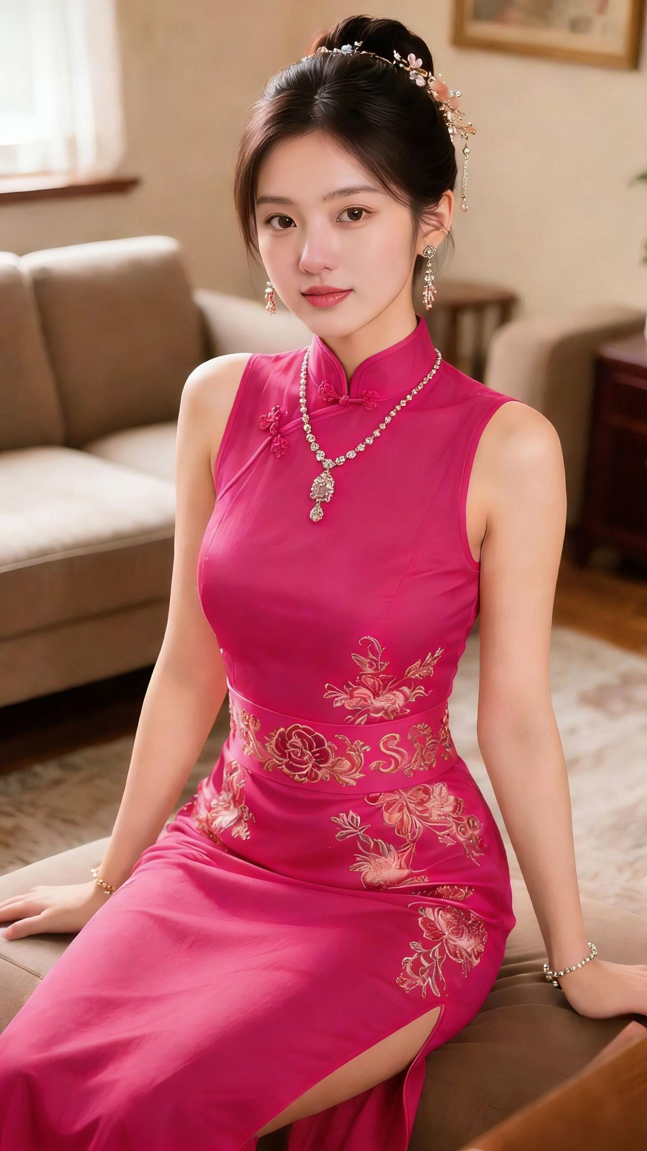 《绯裳绣春光》暖光轻裹着室内，她静坐在沙发旁，一身绯色旗袍如晕染开的霞色—