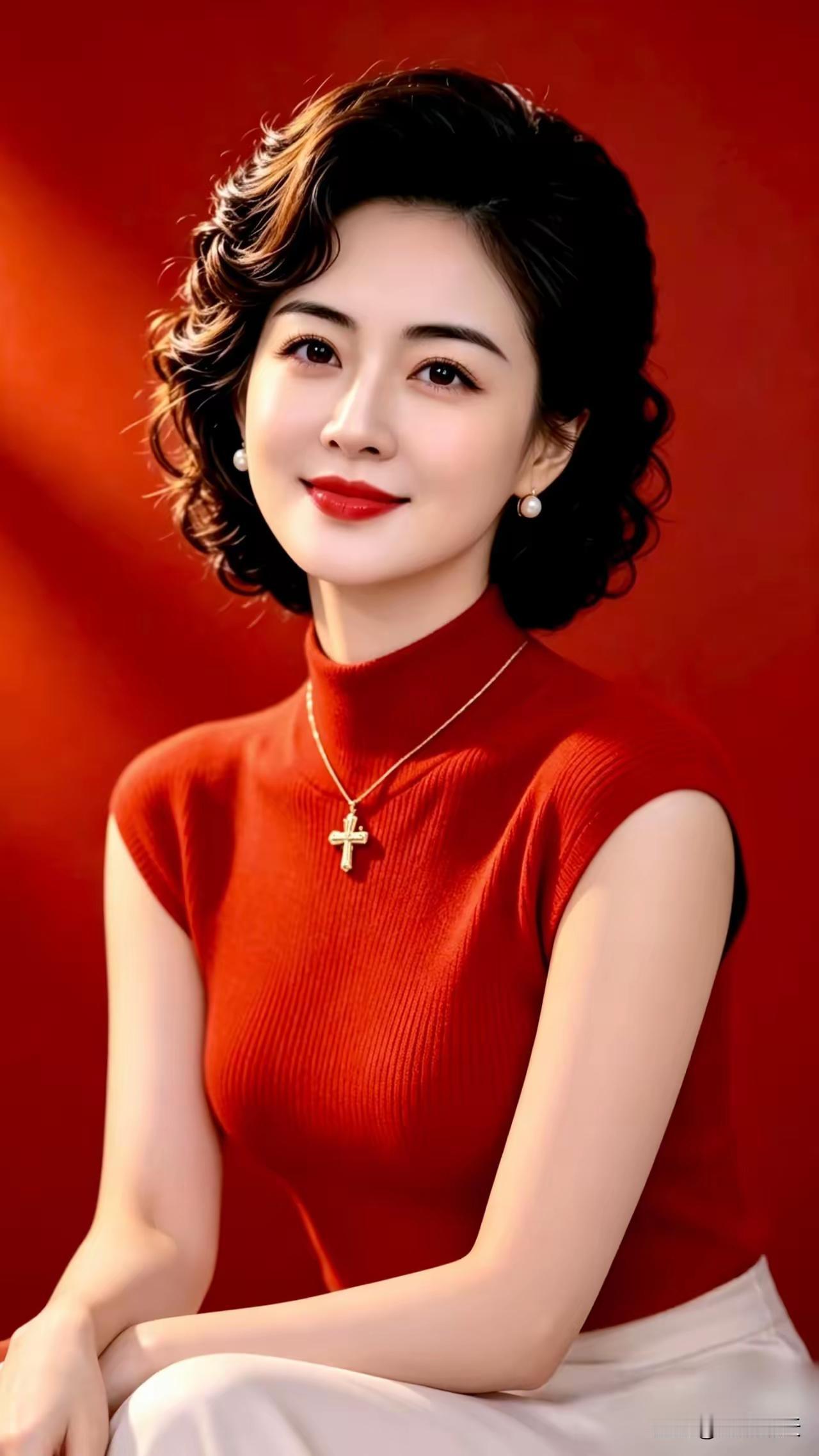 这位姐姐穿着红色毛衣，看起来好温柔哦。