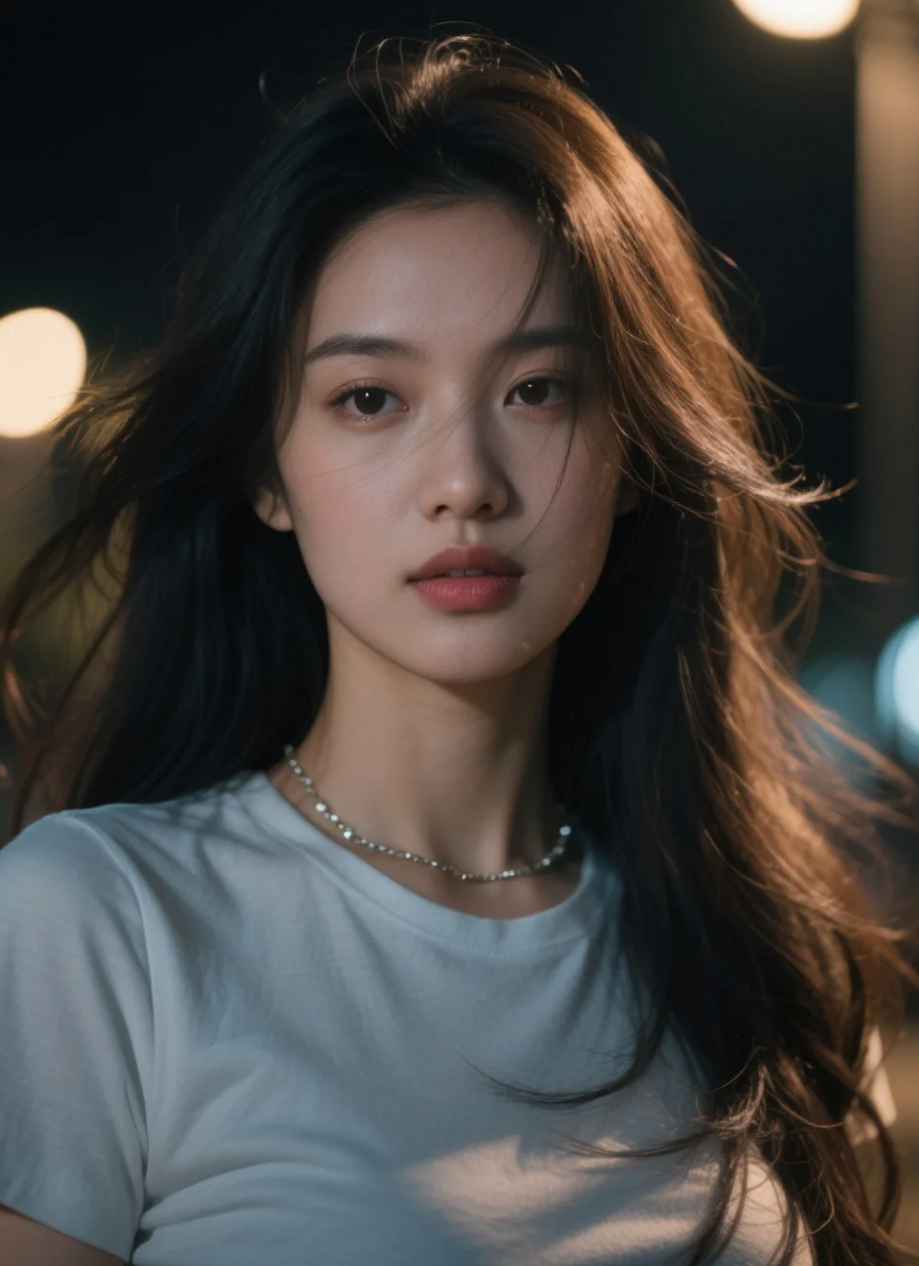 发丝在风中轻扬，她在夜色中轻轻撩动人心