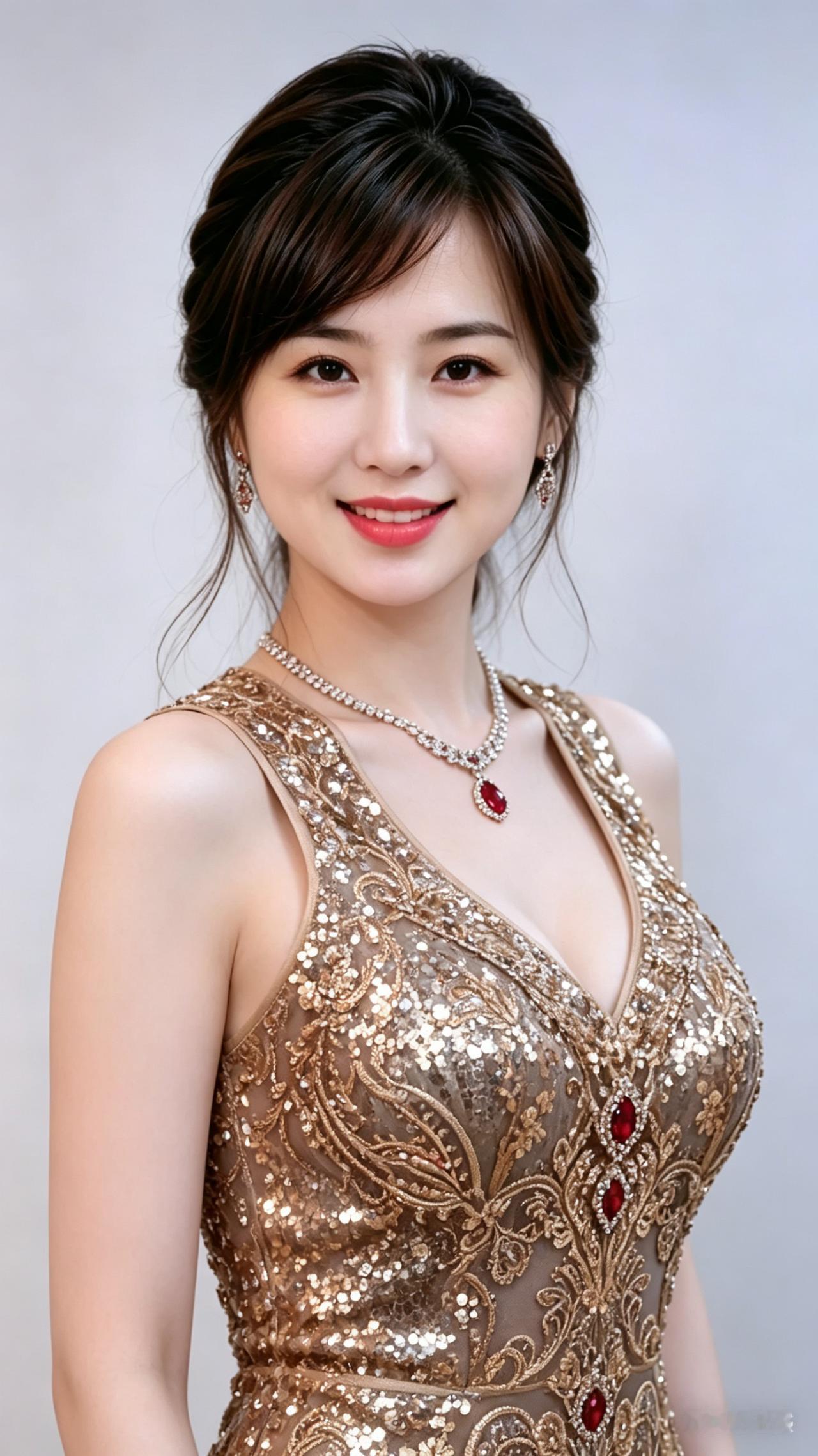 金裙佳人金纱亮片闪辉煌红唇微启笑含香红宝石坠添华贵玉指轻拈韵味长身