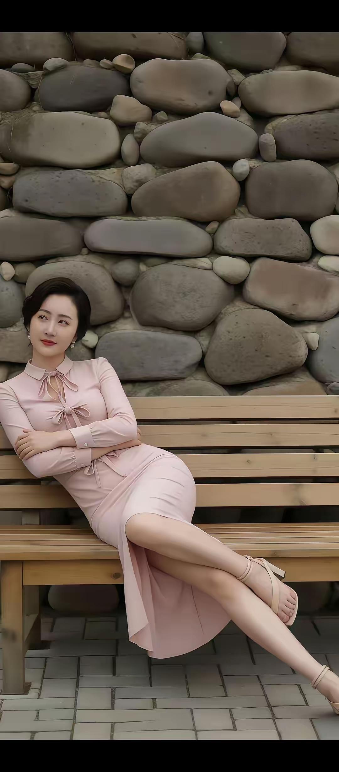 优雅粉裙，石墙长椅，静谧时光