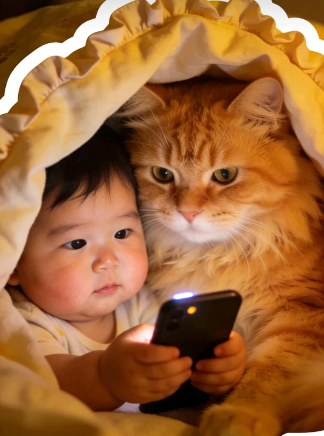 一人一猫窝在荷叶边的小被子里，画面和谐得离谱。小团子看激动了，还会伸出小胖手拍拍