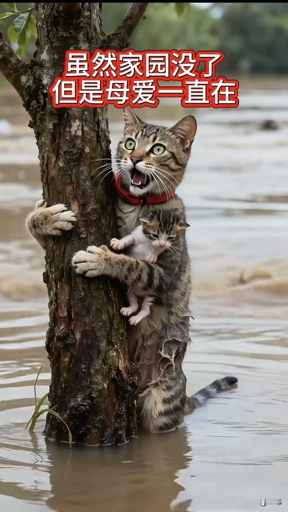 泪目了！一个小镇发生了洪灾，一只猫妈妈的家被洪水淹没了，虽然家园没了，但是母爱还