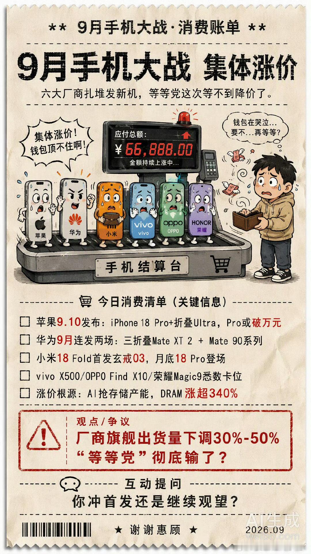 #曝9月20款手机密集发布##苹果9月新品会跟涨吗#九月手机市场太热闹，一大堆新机排队发布。现在最关