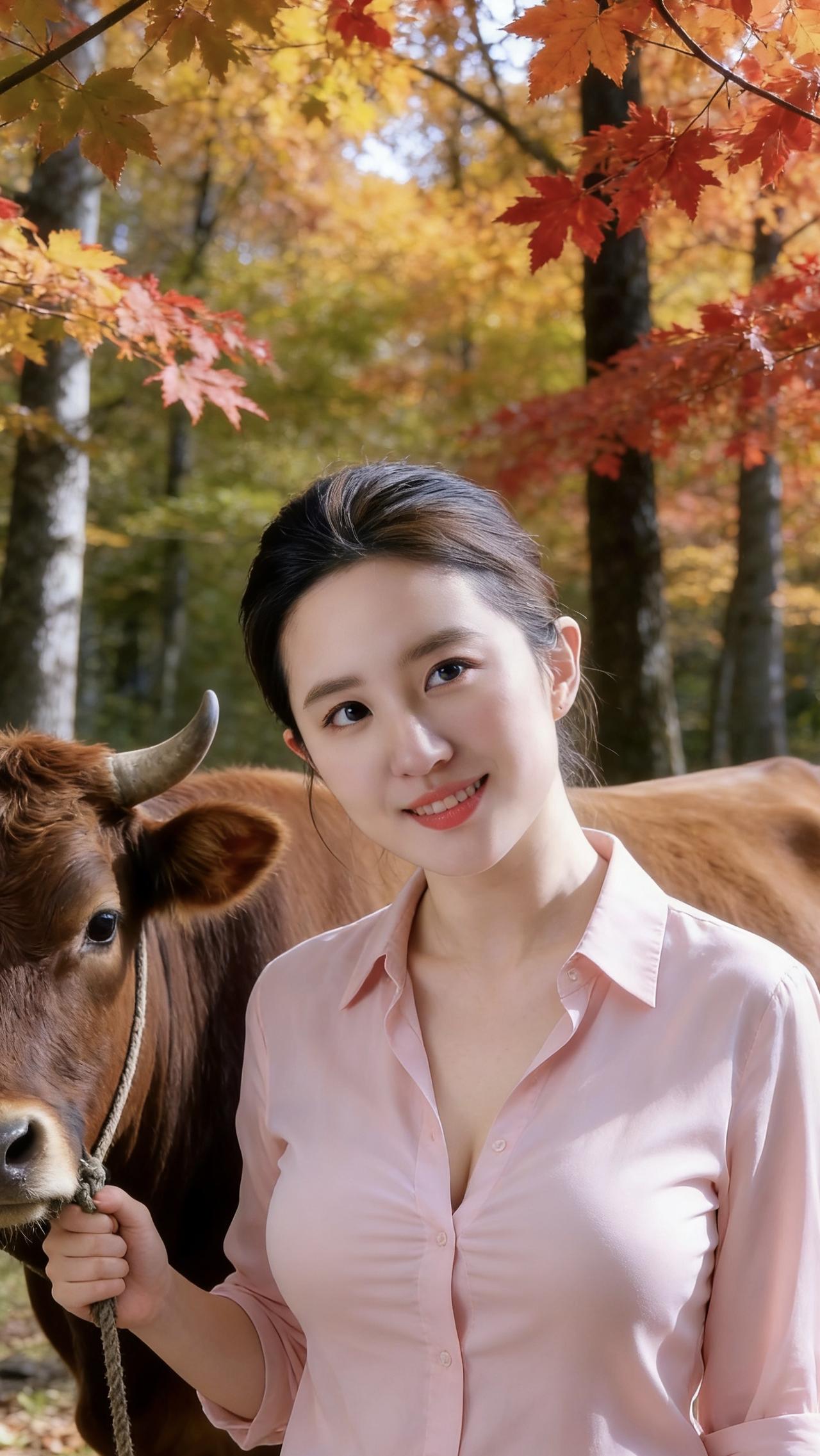 浅粉衬衫被秋日的阳光染得暖软，她牵着老牛站在枫树下，红橙交织的叶片在头顶织成一片