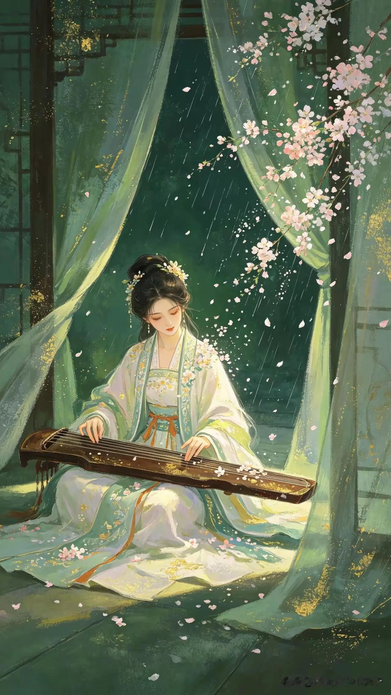 独坐深闺抚旧琴，弦声欲诉夜沉沉。落花帘外纷如雨，相思离愁思故人。