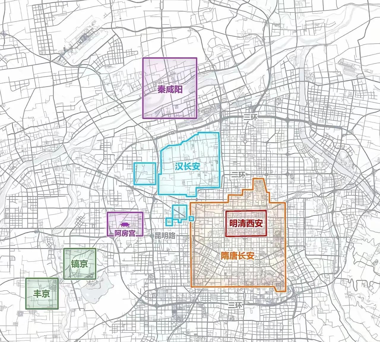 中国历史上在现在的西安建立的城市遗址位置地图。秦代和汉代虽然年代相隔不远，但汉长