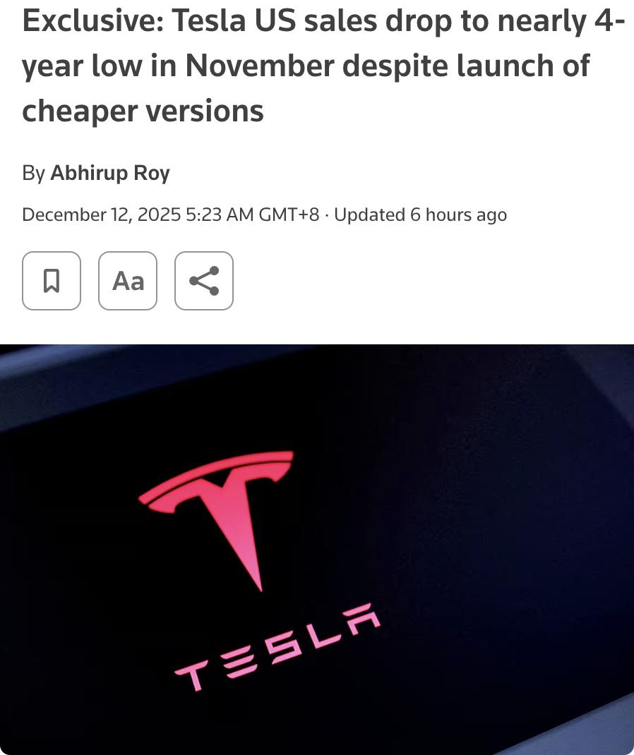 外媒：尽管特斯拉推出了更便宜的车型版本，但其11月在美国的销量仍降至近四年最低水