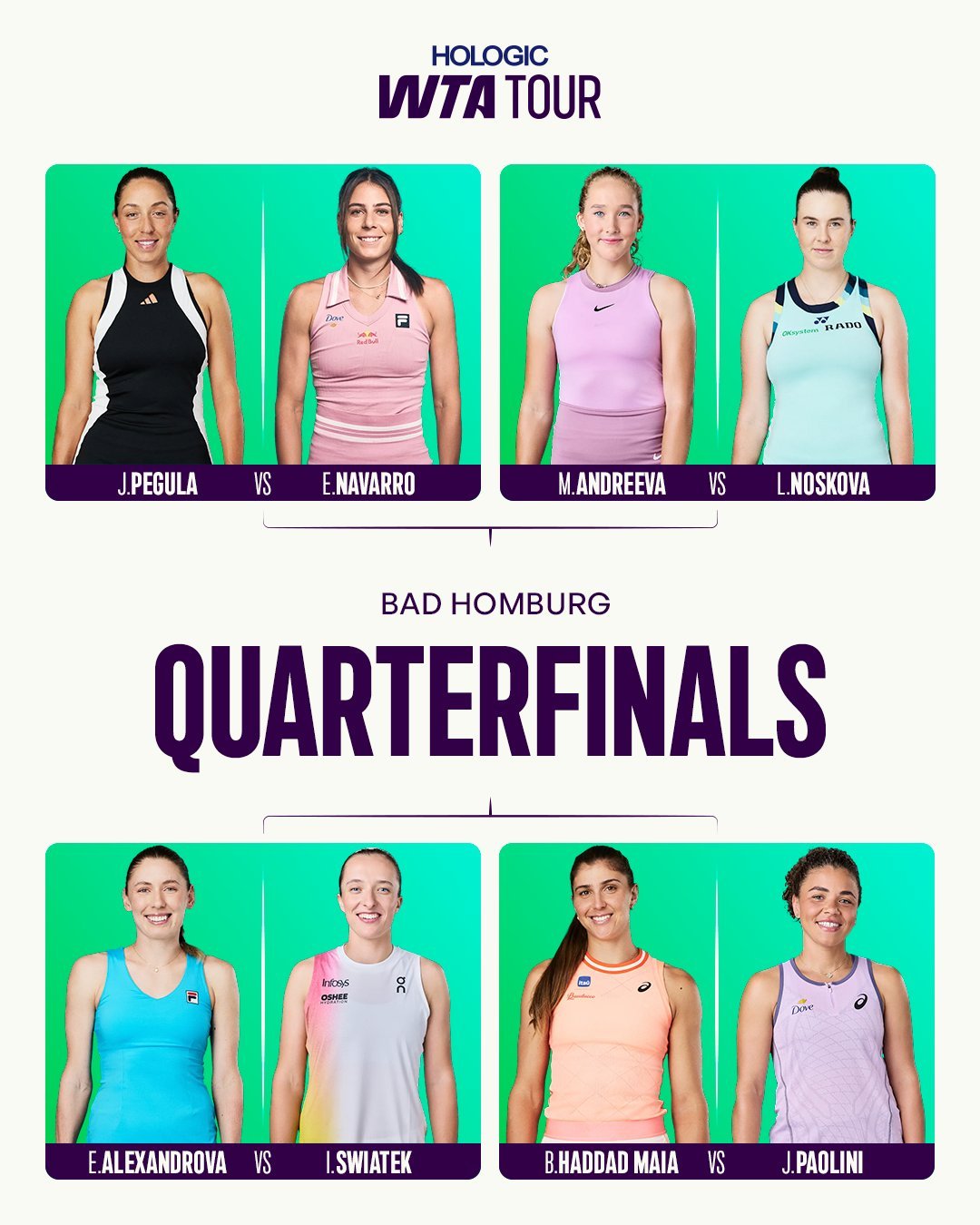WTA500巴特洪堡站八强对阵🌱[1]佩古拉vs[5]纳瓦罗[3]米拉-安