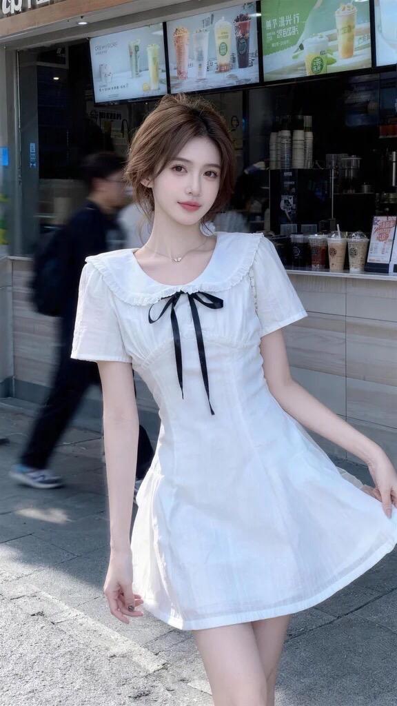 超美的甜妹穿搭分享蝴蝶结设计连衣裙夏日穿搭白色连衣裙街头甜心风甜妹小白裙