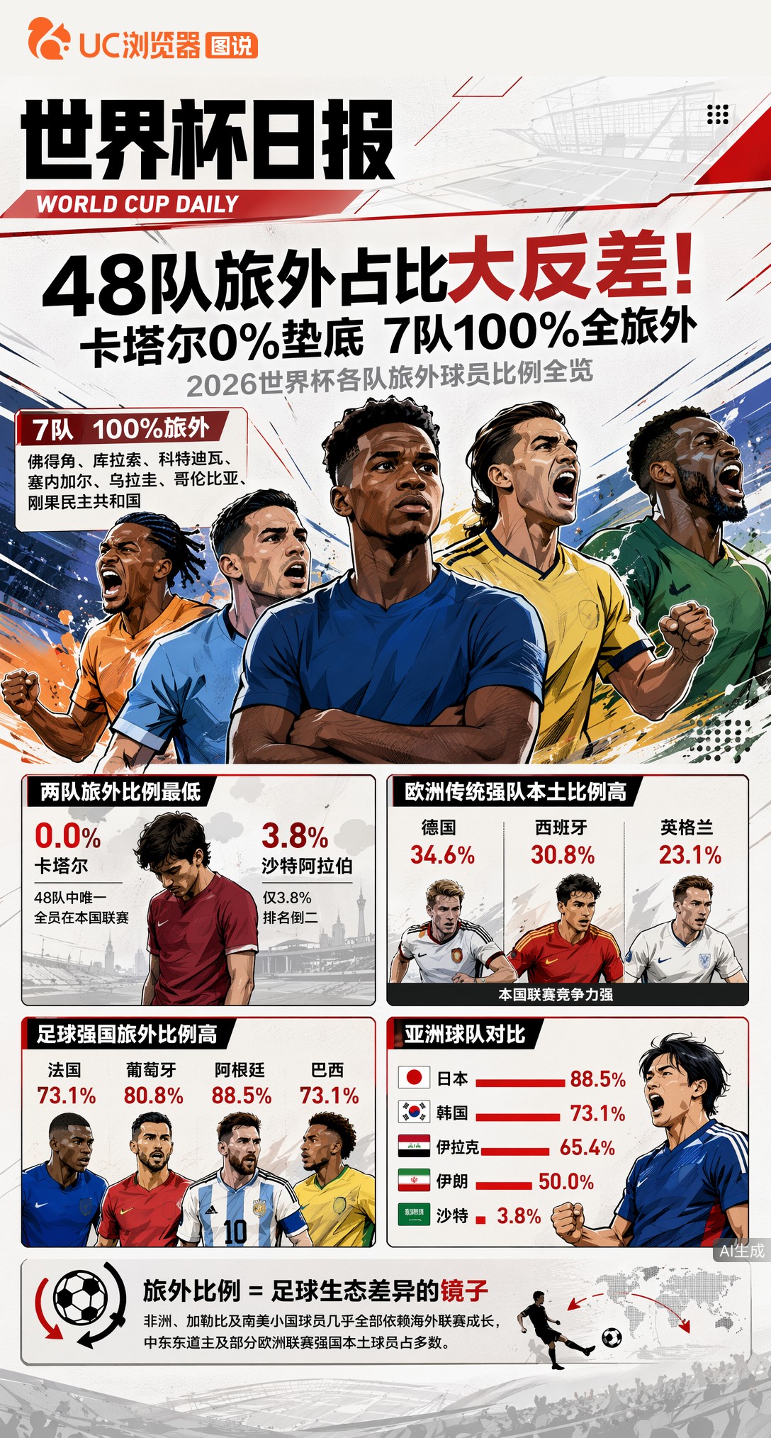 48队海外效力占比大反差！卡塔尔0%垫底，7队100%全旅外
