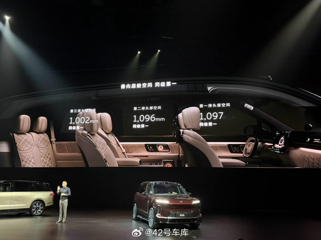 ES9的头部空间从第一排到第三排全都超过1米。并且前后备厢加起来有816