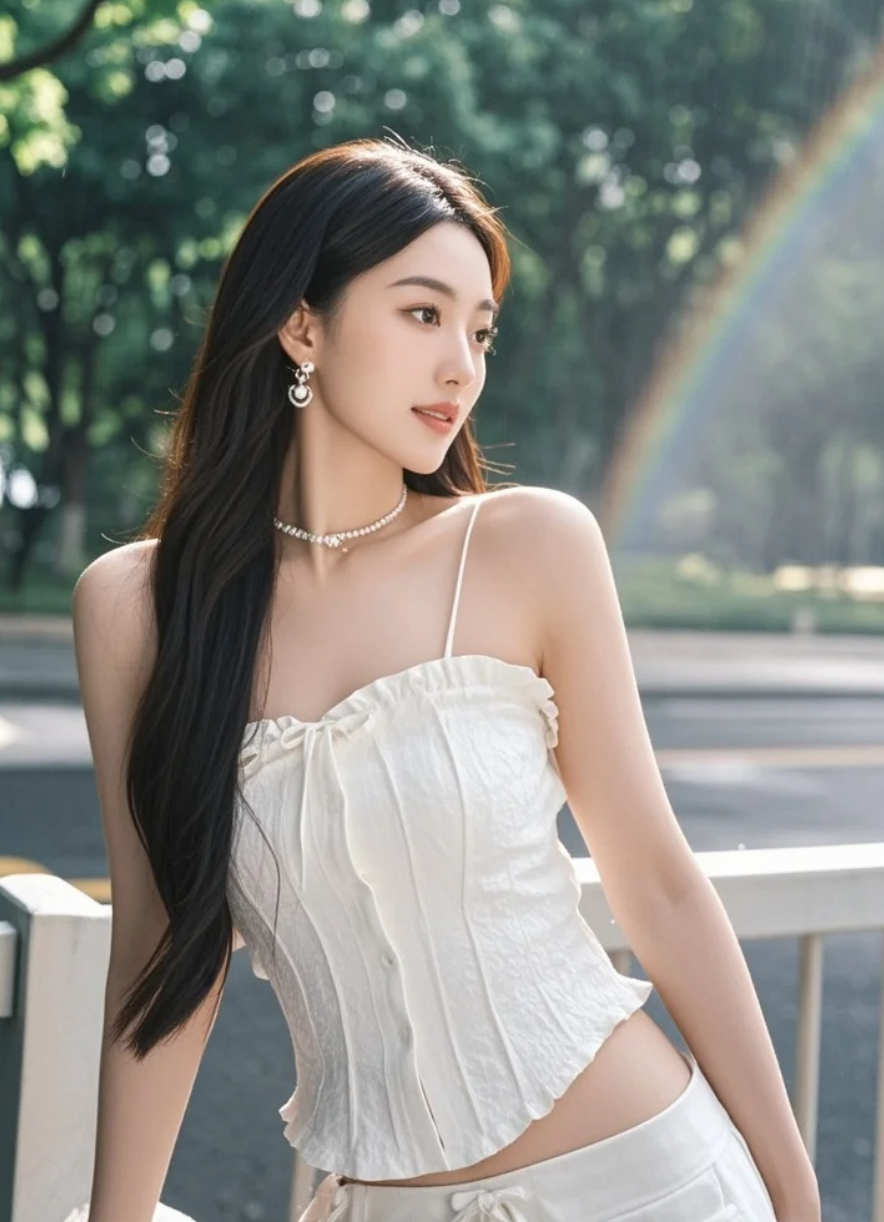 雨后初晴，她站在虹桥的倒影里，分不清是人间还是仙境。