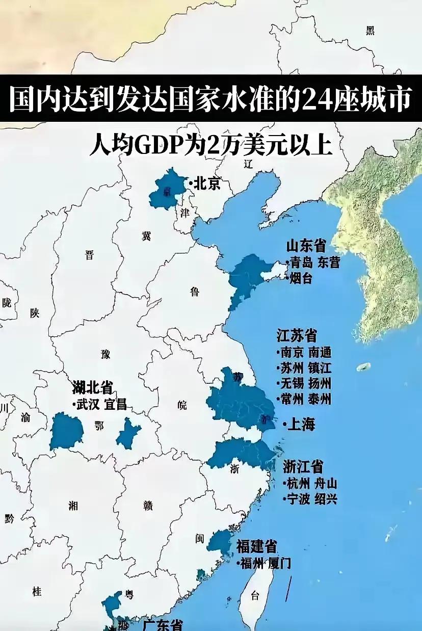 国内达到发达国家水准的24个城市江苏真的太强了，一个省足足有八座城市上榜，占