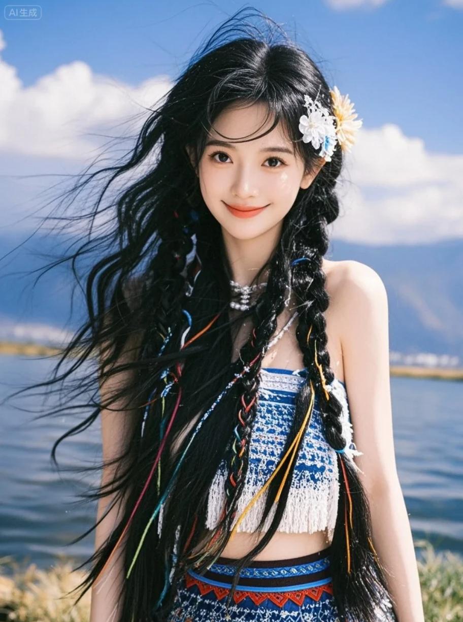 佤族少女甩起长发，水珠飞溅映着阳光，瞬间定格