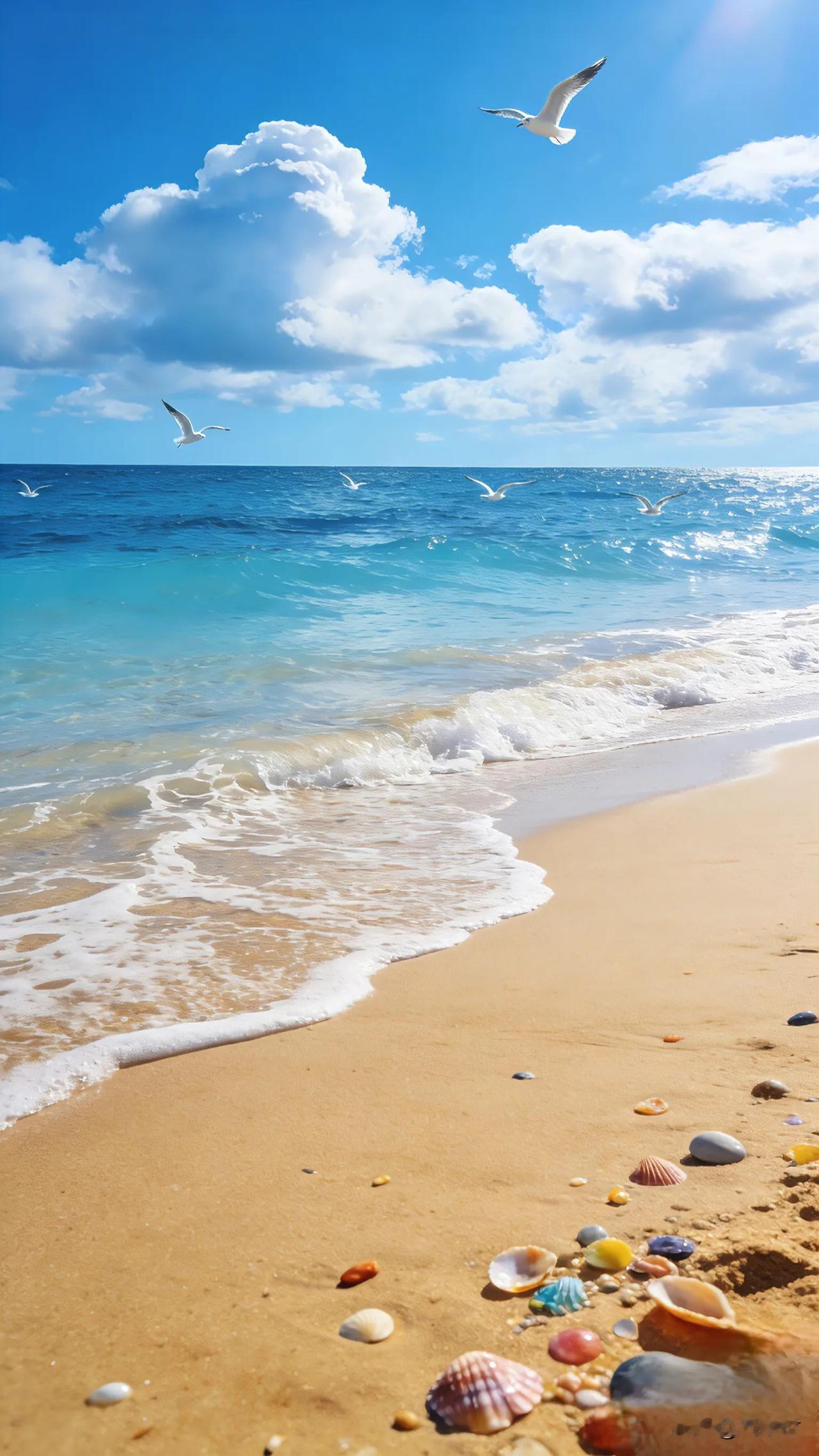 晒一晒手机里的自然风景澄澈的蓝天拥着蓬松的白云，几只海鸥舒展翅膀掠过海面，为这片