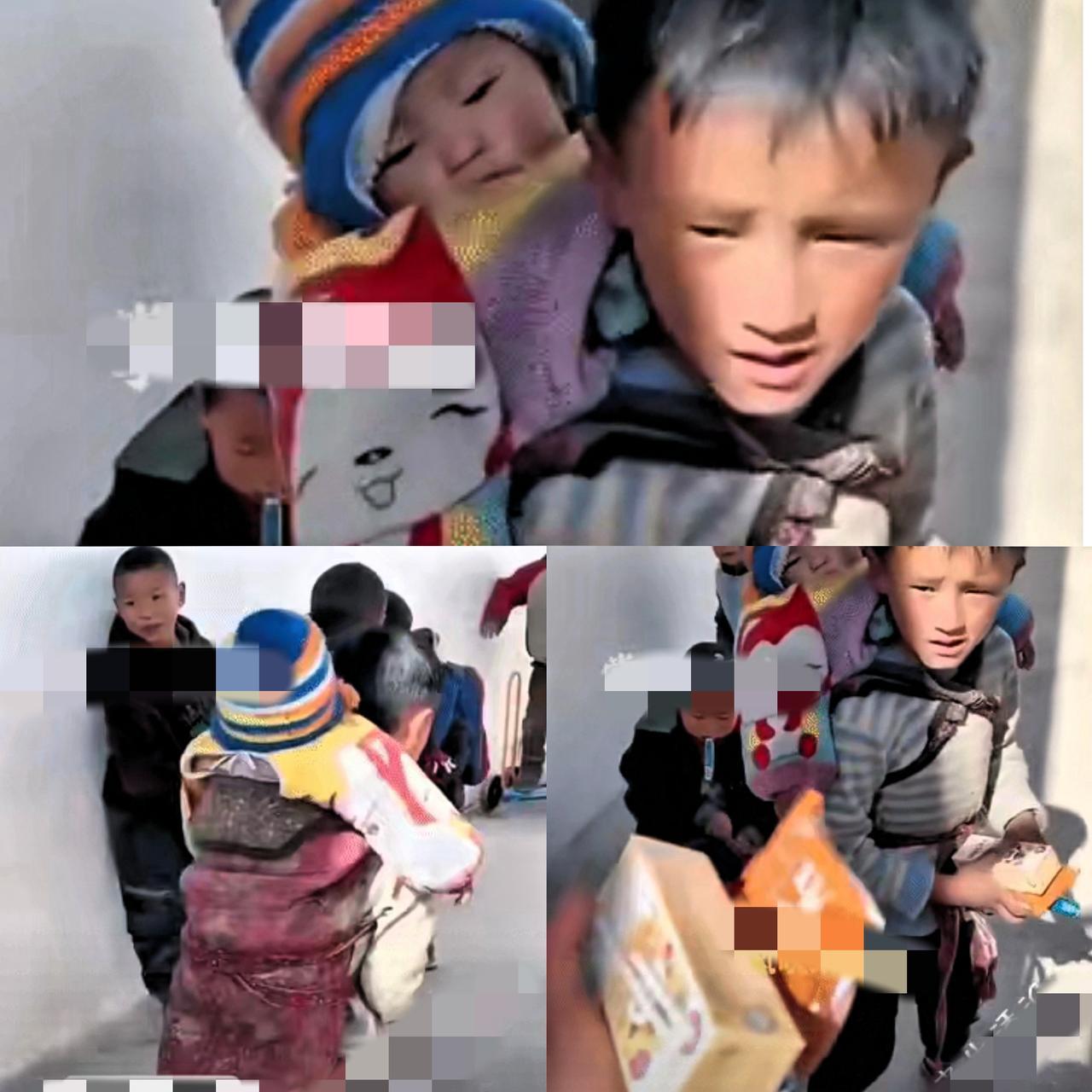 看完这一幕直接破防！四川小男孩背着年幼妹妹上学，领营养餐时明明两人需要，却只乖乖