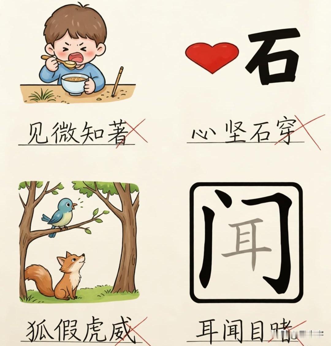 这是小学趣味语文看图猜成语题，四个图都填错了答案，你能识破每个图的玄机，猜出对应